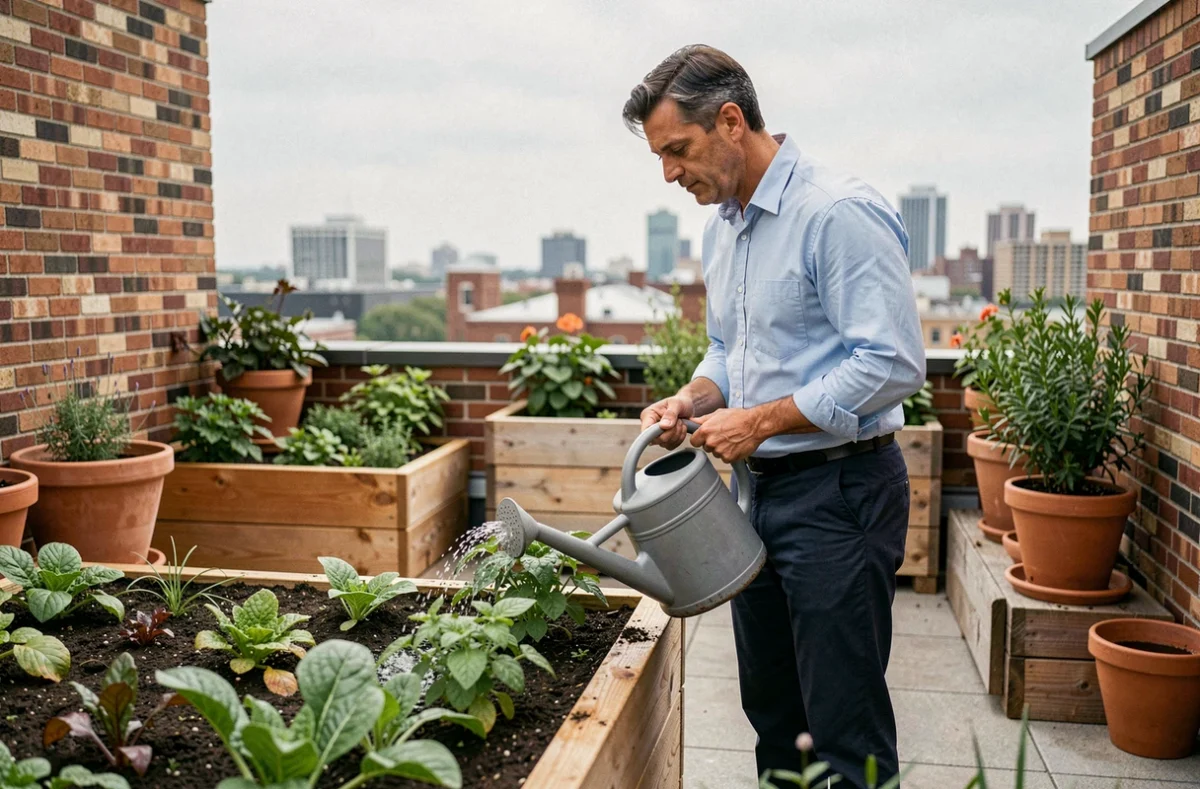 Homme arrosant des légumes en toiture avec de l'eau recyclée provenant des toilettes