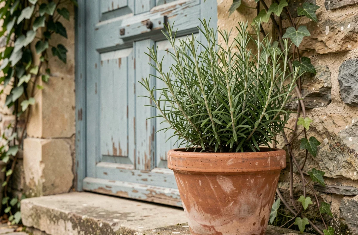 Pot de romarin placé devant une porte d'entrée en bois bleue d'une maison de campagne française pour repousser les insectes