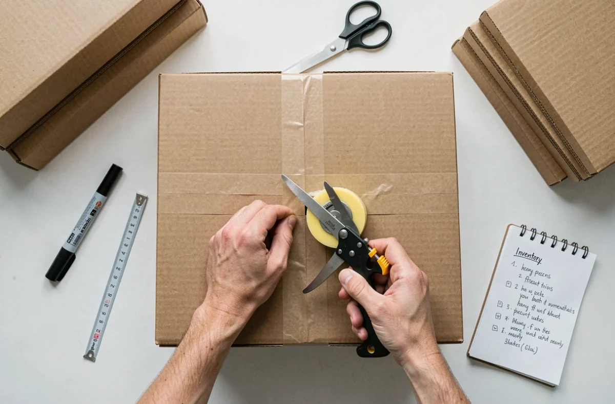 Vue de dessus d'un carton scellé avec un pistolet à scotch entouré d'accessoires d'emballage sur une table blanche