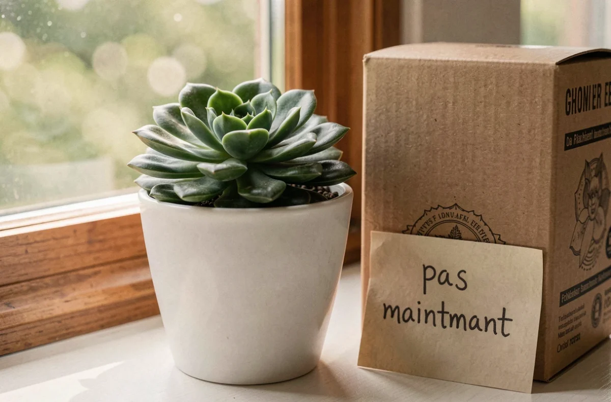 Plante succulente saine posée près d'une boîte d'engrais fermée sur un rebord de fenêtre, illustrant quand ne pas fertiliser ses plantes