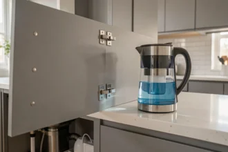 Système de filtration d'eau sous évier et carafe filtrante posés dans une cuisine moderne aux surfaces en quartz blanc