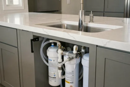 Système de filtration par osmose inverse installé sous un évier de cuisine moderne avec tuyaux et cartouches filtrantes visibles