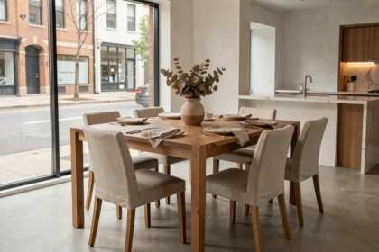 Table à manger en chêne placée près d'une grande fenêtre dans un appartement moderne à plan ouvert
