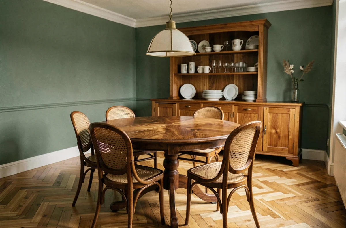 Table ronde en noyer centrée dans une salle à manger traditionnelle avec parquet en point de Hongrie et murs vert sauge