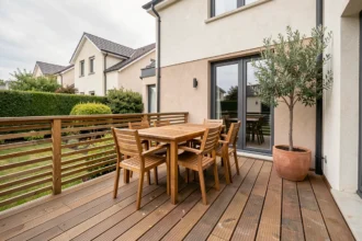 Terrasse en bois de taille moyenne d'environ 20 m² avec table et chaises en teck, entourée d'un jardin verdoyant et d'une maison moderne