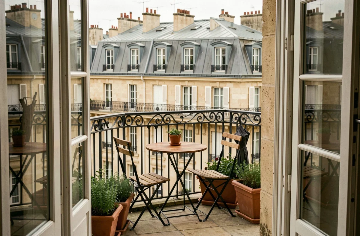 Petite terrasse urbaine de 8 à 10 m² avec table bistro et jardinières en terre cuite sur un balcon parisien avec vue sur les toits