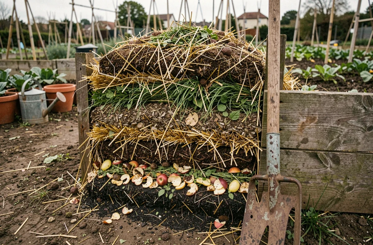 Tas de compost en plein air avec couches alternées de matières vertes et brunes pour un compostage sans odeur