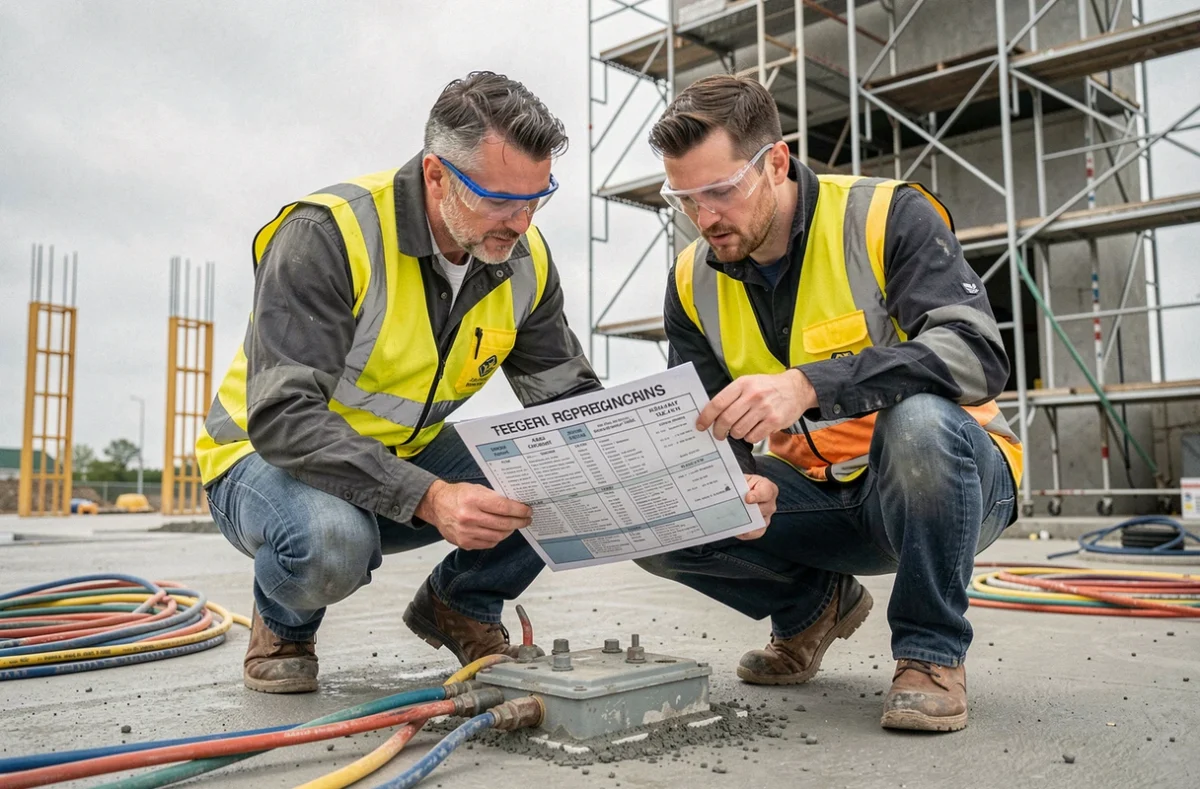 Deux techniciens consultant une fiche de conformité aux normes de sécurité électrique sur un chantier de construction