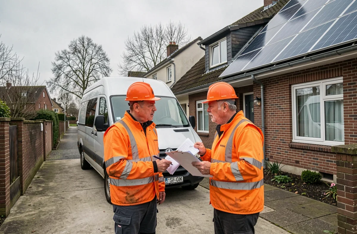 Techniciens en sécurité discutant des contraintes techniques d'installation de panneaux solaires devant une maison
