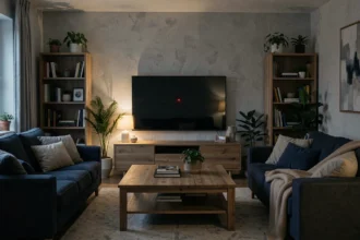 Télévision en veille la nuit dans un salon moderne avec voyant rouge visible