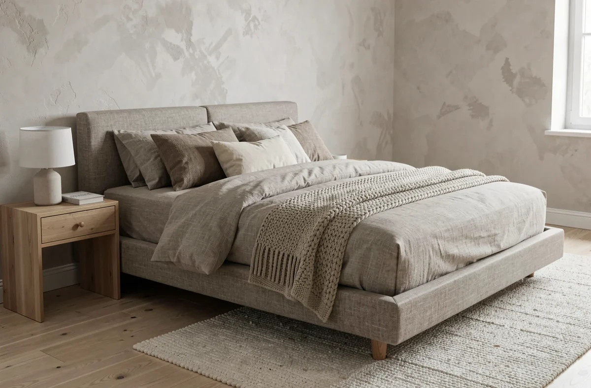 Chambre japandi avec literie en lin et décoration épurée tendance 2024