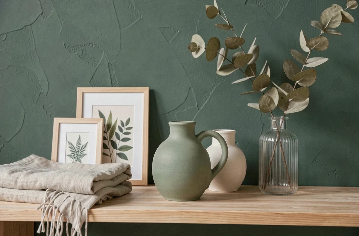 Étagère minimaliste avec poteries artisanales et accessoires tendance déco 2024