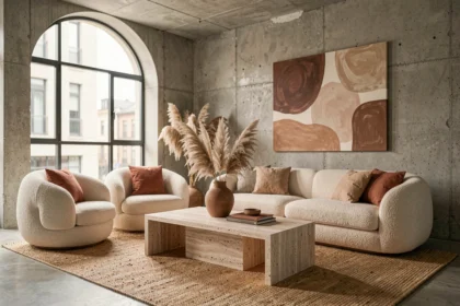 Salon moderne avec palette terracotta et mobilier organique tendance déco 2024