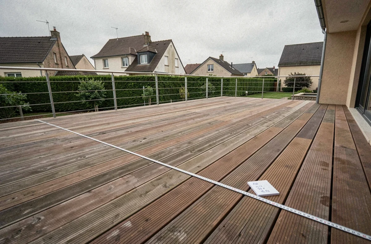 Grande terrasse en bois composite mesurée avec un mètre ruban pour déterminer sa surface taxable