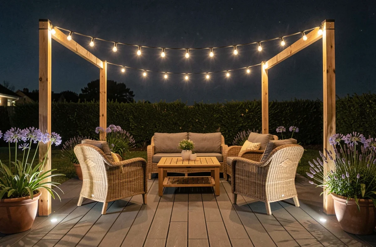 Terrasse résidentielle illuminée la nuit avec spots encastrés au sol et guirlandes de bulbes filaments