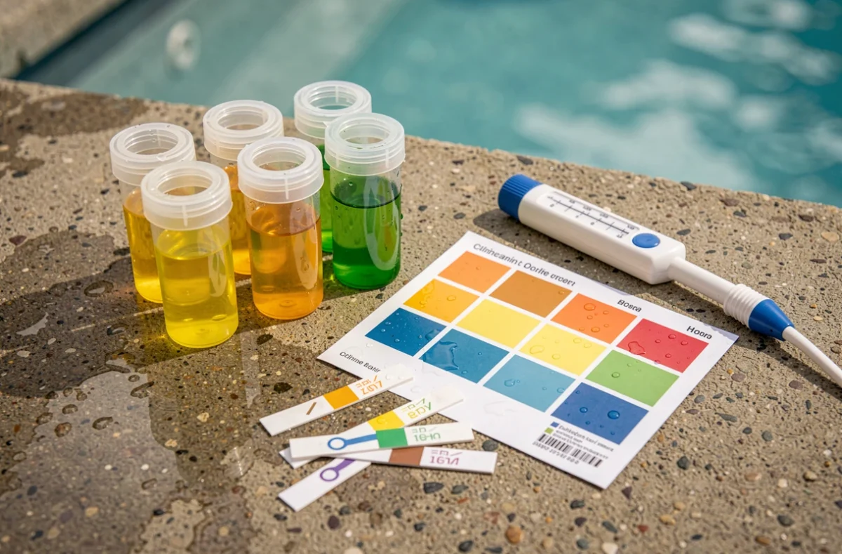 Kit de test de qualité de l'eau de piscine avec bandelettes pH et réactifs chlore posés sur le bord d'un bassin