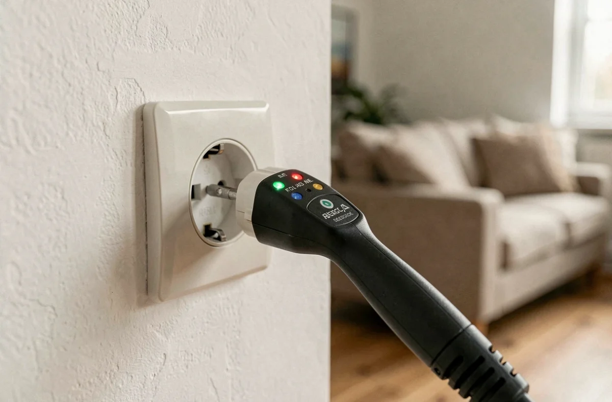 Testeur de prise électrique branché dans une prise murale pour vérifier la mise à la terre