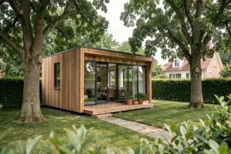 Tiny house en bois installée dans un jardin résidentiel verdoyant avec terrasse et grande fenêtre panoramique