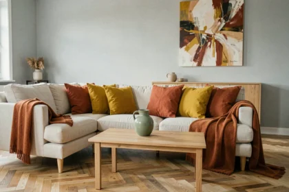 Salon décoré avec des touches de couleur : coussins moutarde, vase vert sauge et plaid terracotta sur canapé beige