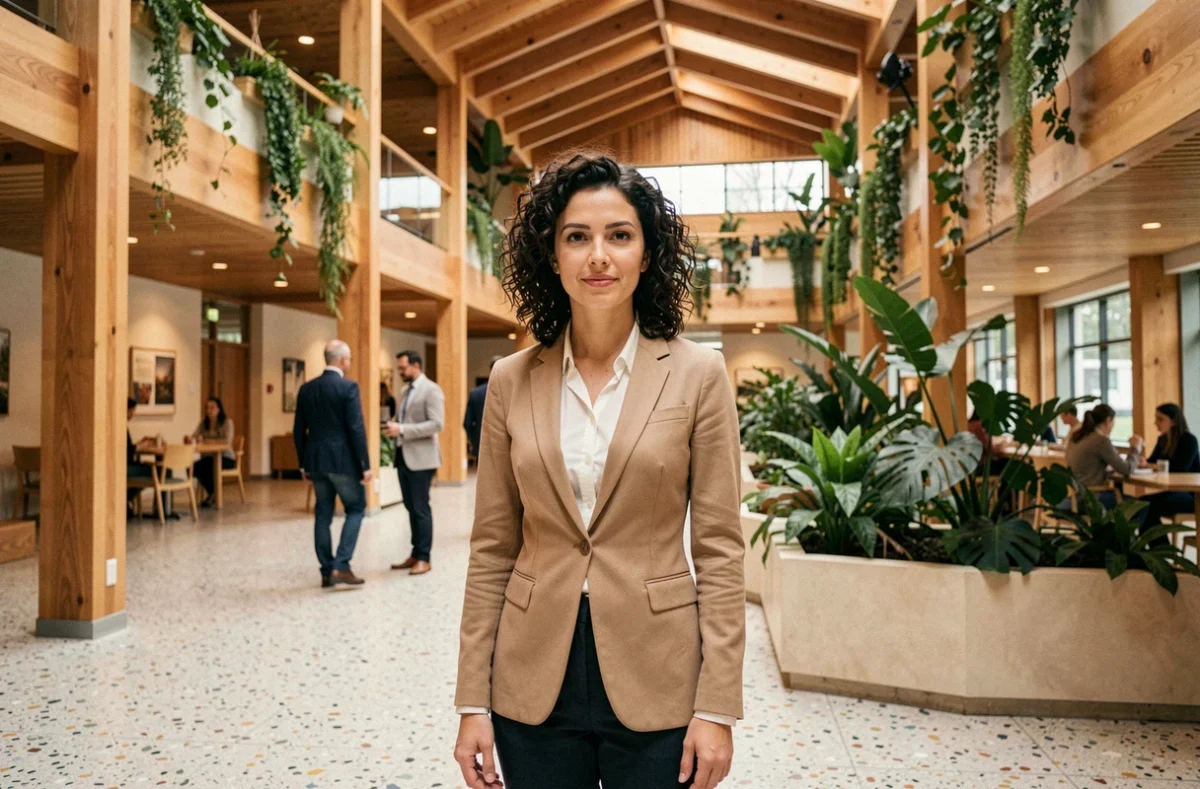 Urbaniste féminine dans un bâtiment durable en bois avec atrium végétalisé illustrant l'architecture écologique du futur