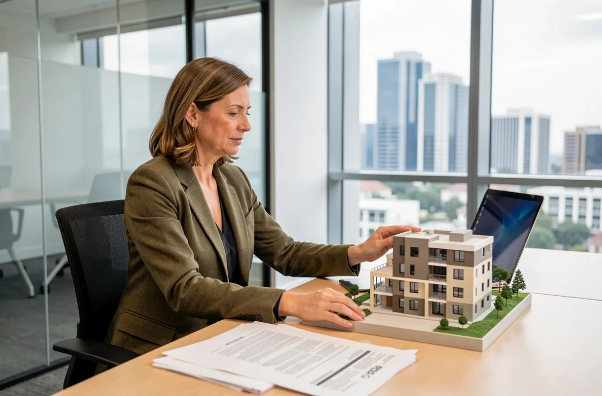 Urbaniste analysant la réglementation sur la surface maximale d'extension résidentielle avec maquette architecturale