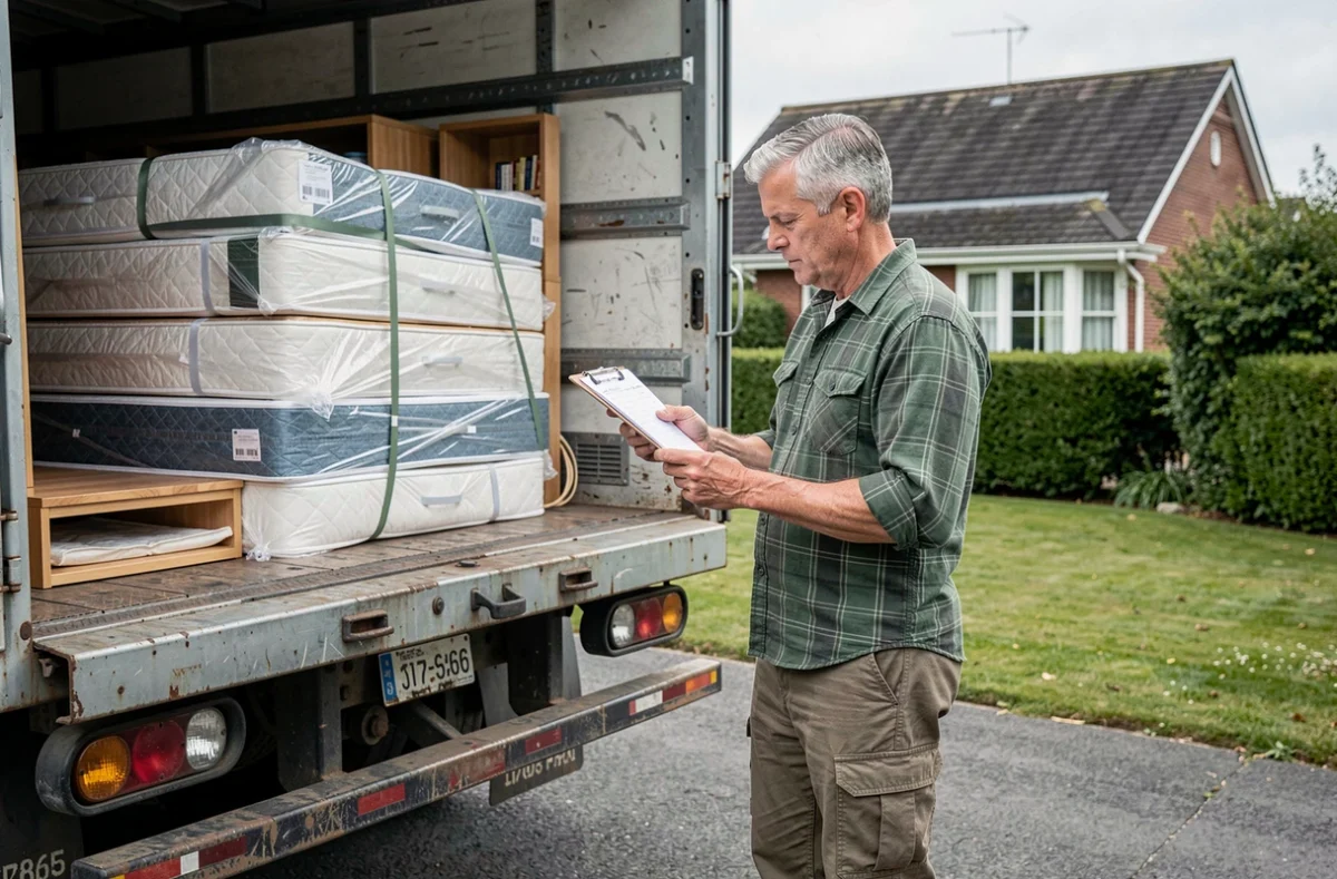 Un homme consulte une liste de contrôle devant un camion de déménagement chargé de meubles emballés et sécurisés avec des sangles