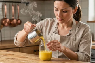 Femme versant de la cire de bougie fondue dans un bocal en verre sur un plan de travail en bois