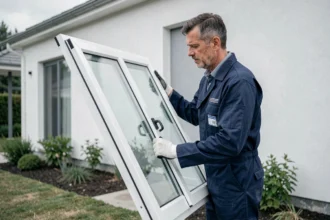 Vitrier professionnel installant un triple vitrage sur une maison moderne, illustrant l'isolation thermique des fenêtres