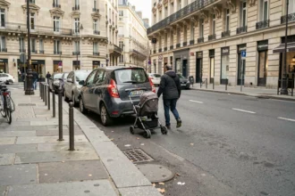 Voiture garée sur le trottoir bloquant le passage d'une poussette dans une rue urbaine française