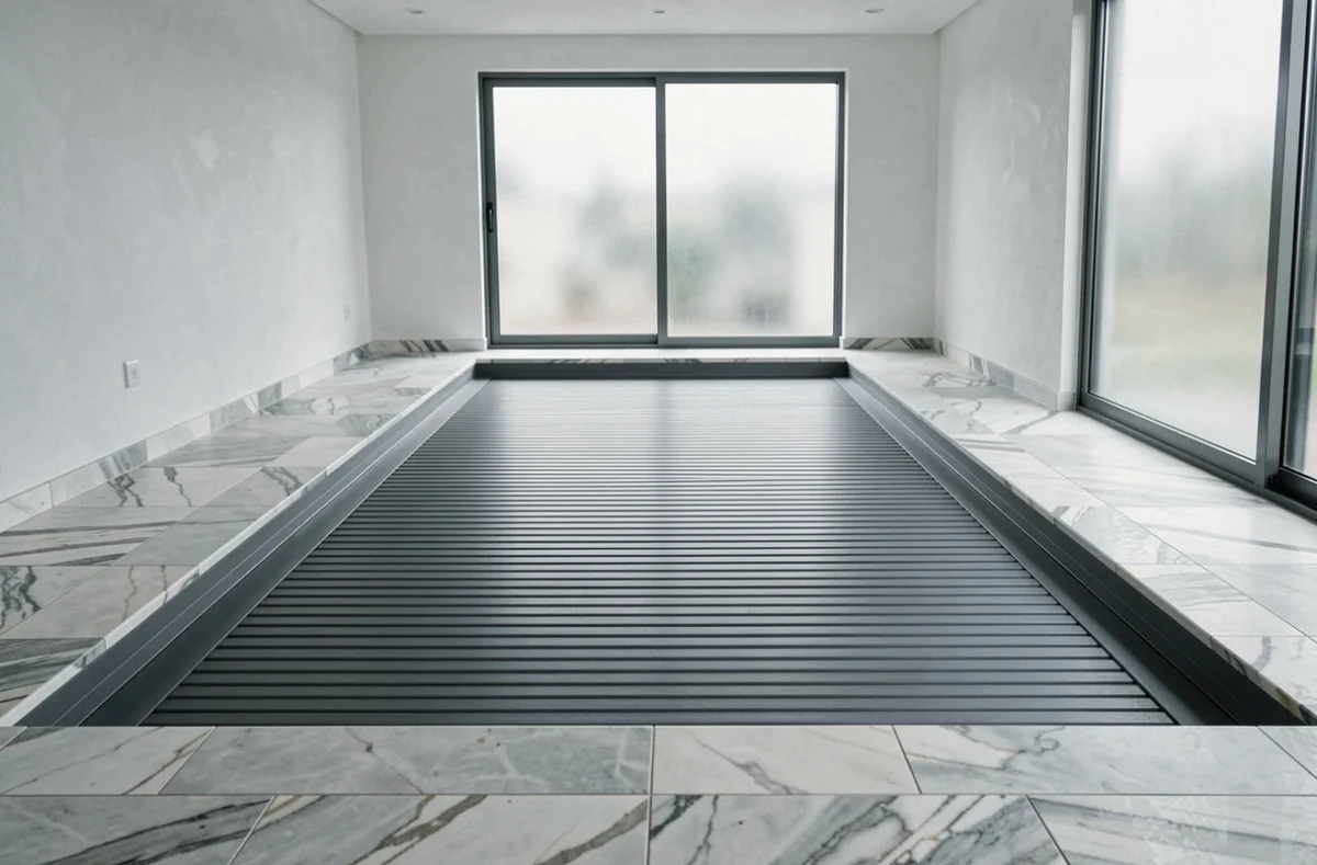 Volet de piscine motorisé fermé dans une piscine intérieure moderne avec sol en marbre et ambiance spa haut de gamme