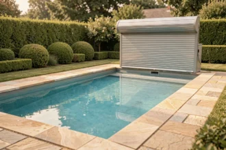 Volet roulant automatique pour piscine extérieure avec couverture en polycarbonate partiellement ouverte sur une eau turquoise