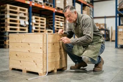 Charpentier mesurant une caisse en bois d'un mètre cube dans un entrepôt industriel