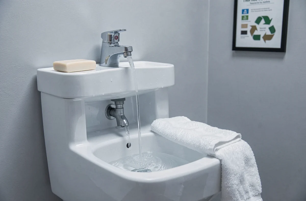 Détail d'un WC avec lavabo intégré permettant de réutiliser l'eau du lavage des mains dans la chasse d'eau
